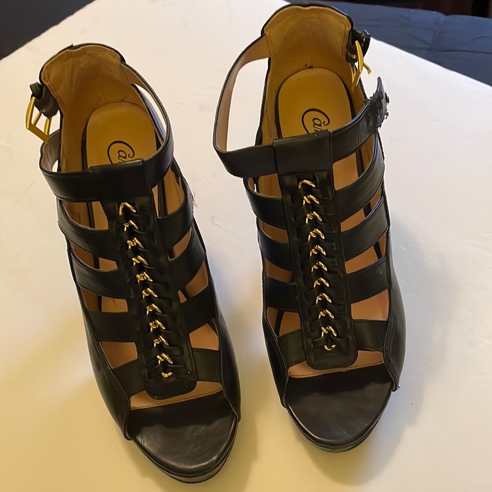 Candies size 8 1/2 Black sandal high heel with gold braid!  Like new!